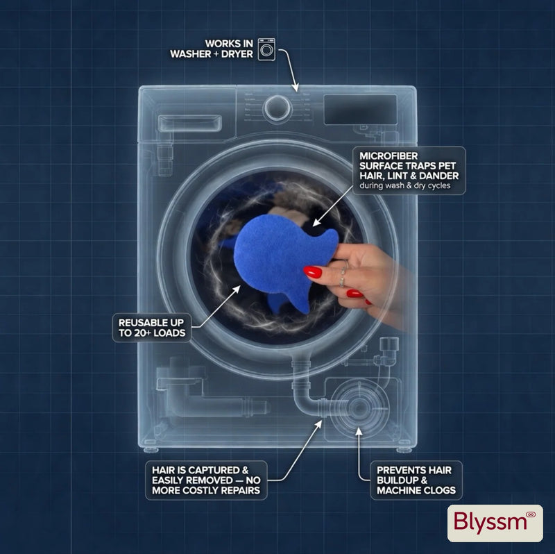 How the Blyssm Laundry Fur Catcher works: microfibre pad traps pet hair, lint and dander in the washer and dryer, reusable for 20+ loads