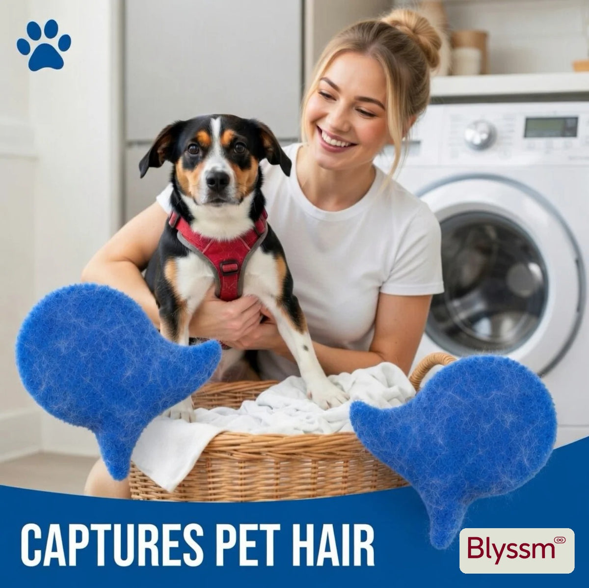 Captures pet hair: Blyssm Laundry Fur Catcher pads beside a laundry basket, with a dog owner in a laundry room