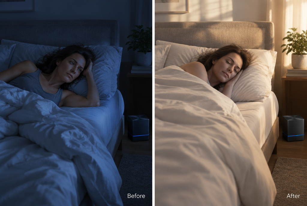 Illustration: lying awake at 3 a.m. before, sleeping peacefully after with Blyssm