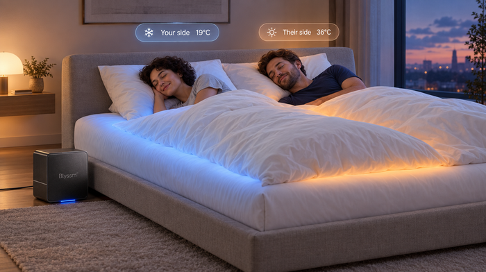 Couple asleep on a Blyssm pad, one side cool and one side warm