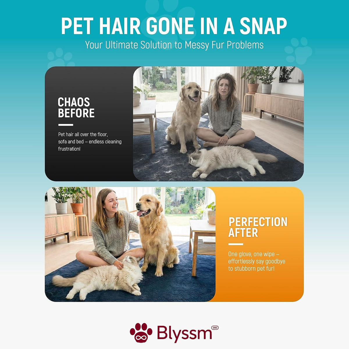 Pet hair gone in a snap: before and after using the Blyssm grooming glove