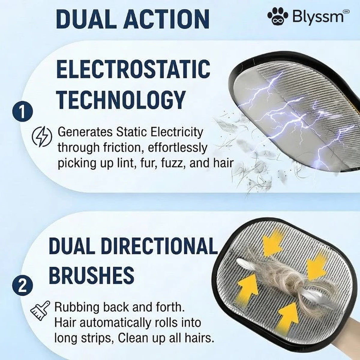 Dual action: static pick-up and dual-directional pad roll hair into strips