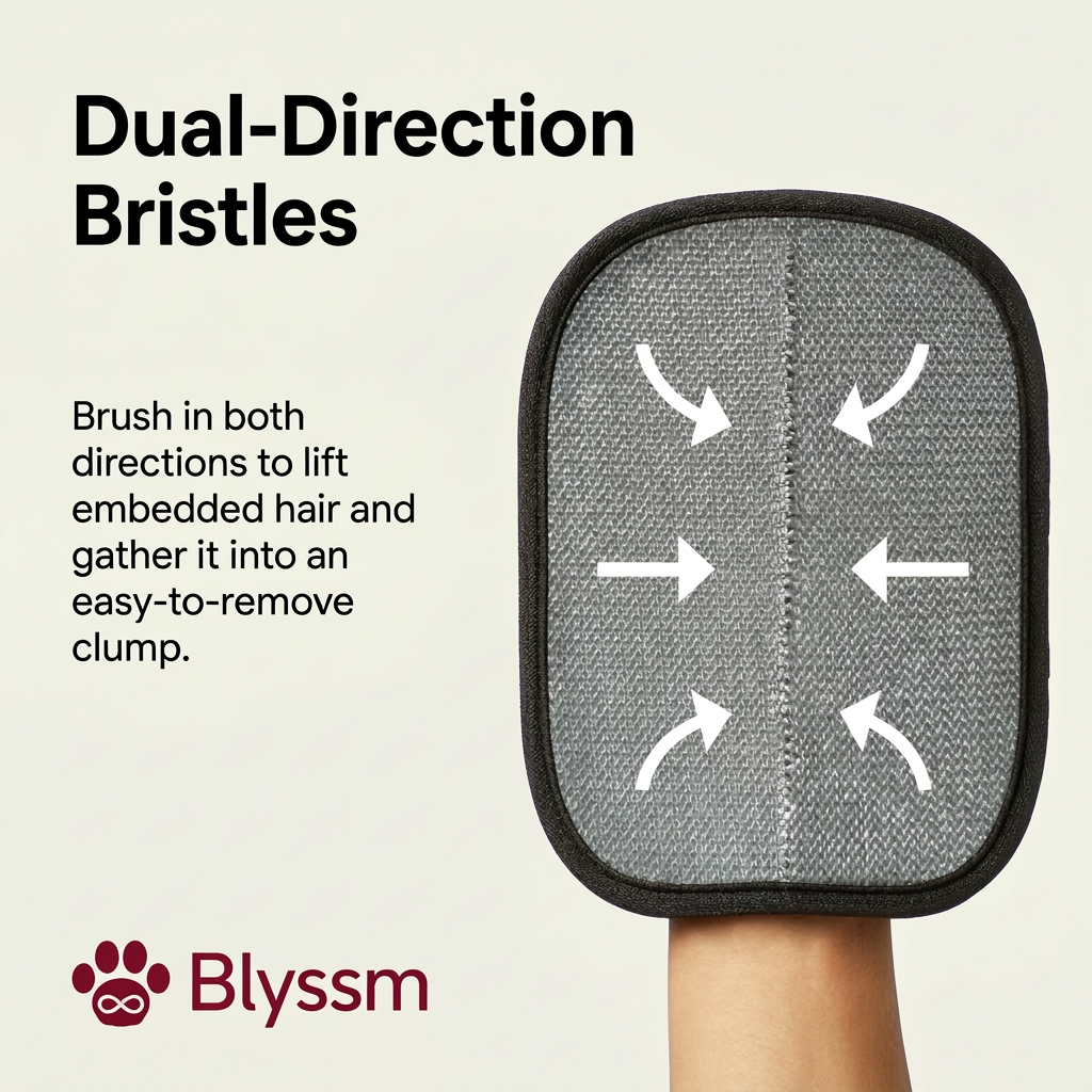 Dual-direction bristles: brush the Blyssm grooming glove both ways to lift embedded hair and gather it into an easy-to-remove clump